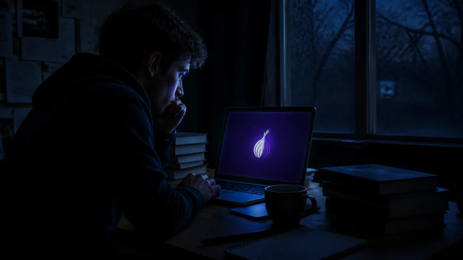 A person uses a laptop to access the Torch browser in a dark room.