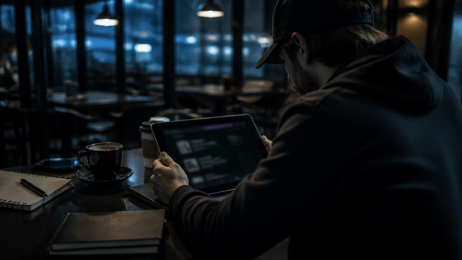 A user is focused on a tablet, browsing dark web search engines in a café.